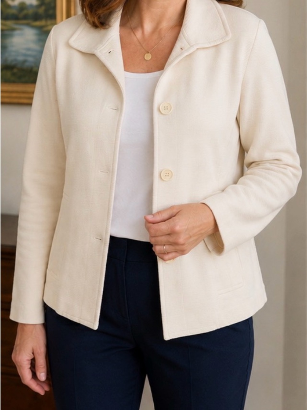 Talbots Cream Textured Knit Blazer Jacket Women’s Size Large summer work wear